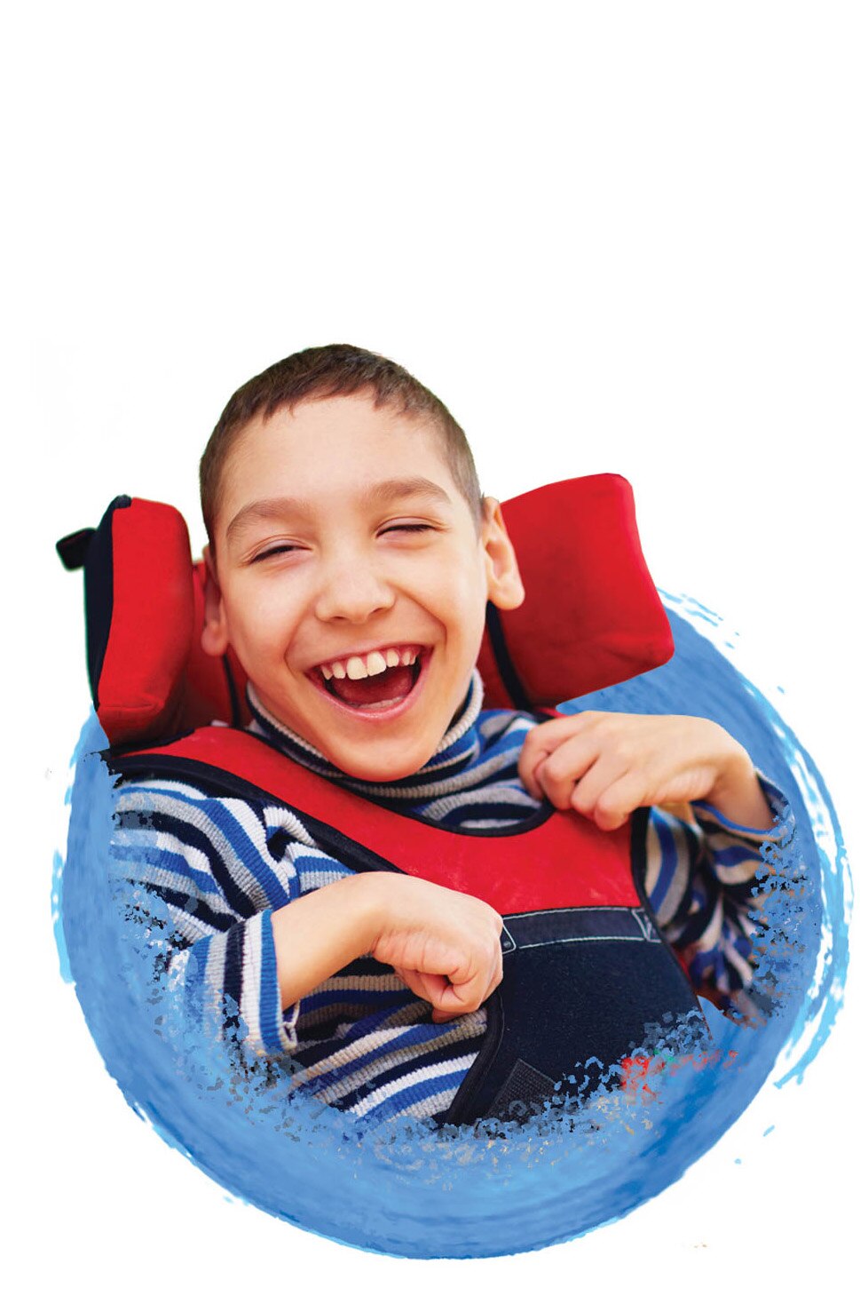 smiling child with cerebral palsy in a wheelchair