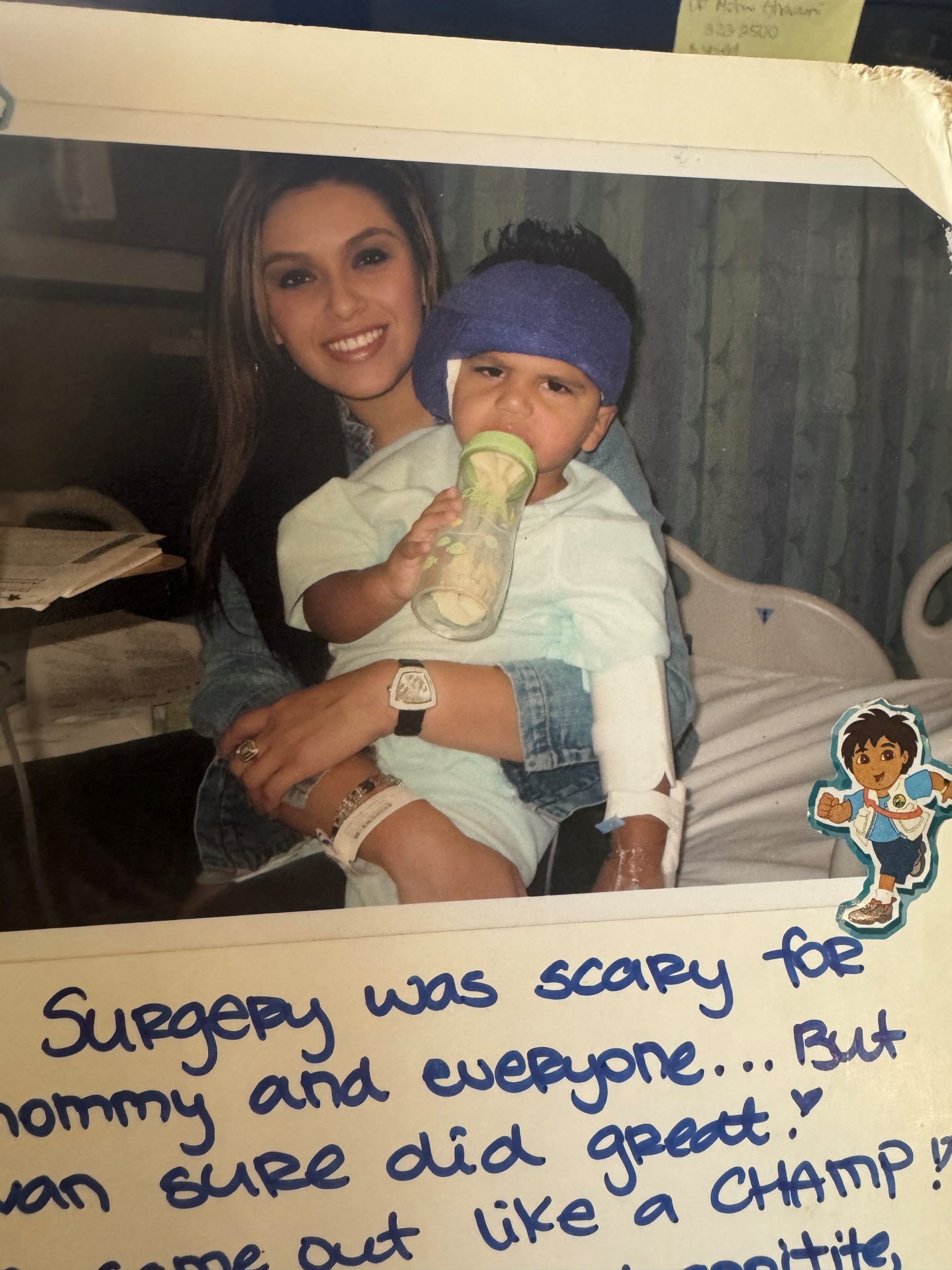 Photograph of Ivan after his first cochlear implant surgery.