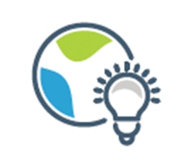 Icon of a light bulb in front of a globe.