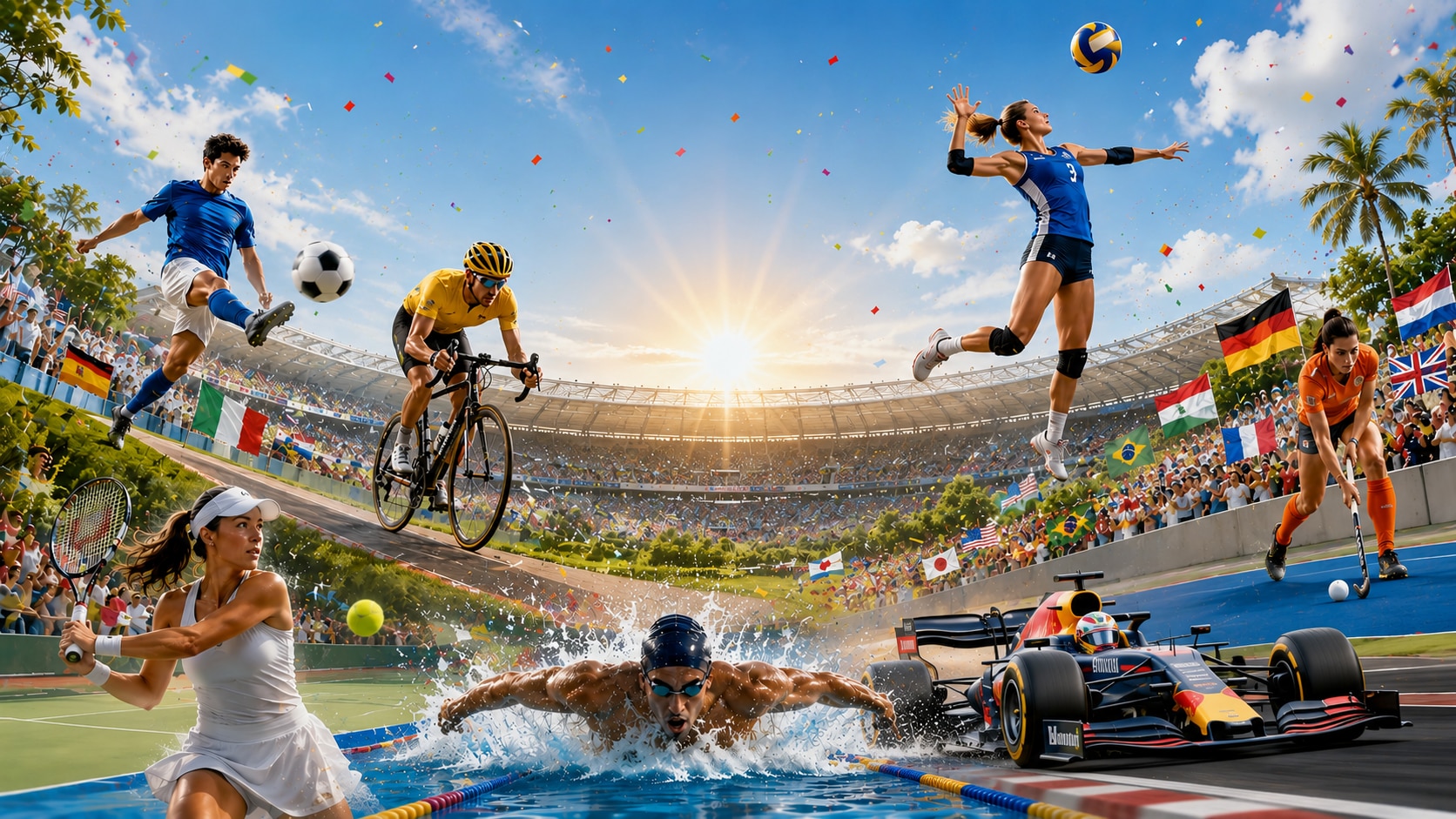 Afbeelding met alle sporten uit de sportzomer van 2026 in een voetbalstadion