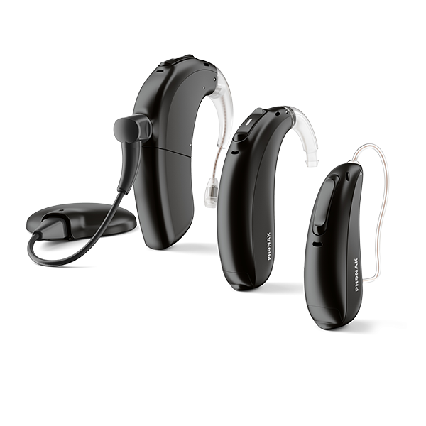 Naída CI M cochlear implant sound processor with Phonak Naída Link M arranged together